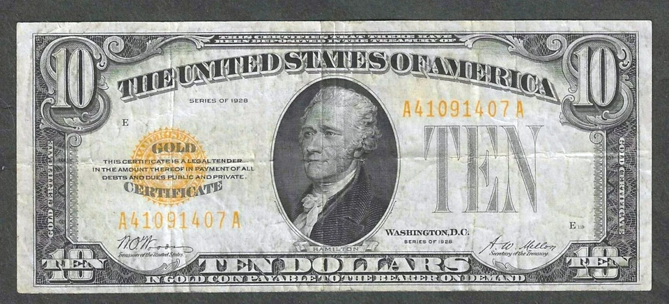 1928 $10 GOLD CERTIFICATE ~ LOVELY EYE-APPEALING VERY FINE GRADE NOTE - Image 1 of 2