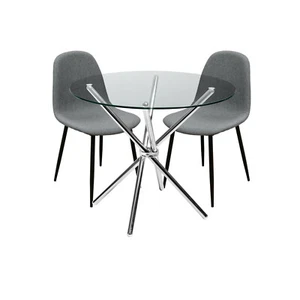 Clear Glass Criss Cross Dining Table With Two Simone Grey Fabric Dining Chairs - Picture 1 of 6