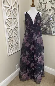 NWT LULUS xlarge HEADED FOR ROMANCE BLACK PURPLE FLORAL PRINT ORGANZA MAXI DRESS - Picture 1 of 10
