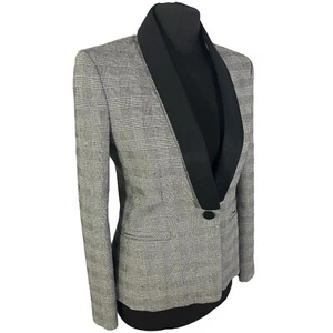 CLAUDIE PIERLOT Jacket Tuxedo Womens Plaid Wool Silk Blend Short Smart Uk 8 - Picture 1 of 11