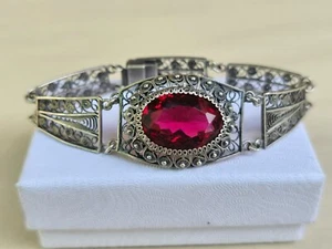 Old VTG Estate Jewelry 800 Fine Filigree Silver Large Red Gemstone 6" Bracelet - Picture 1 of 11