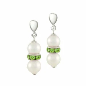 Kaleidoscope Peridot Green Crystal Shell Pearl Silver Tone Drop Clip On Earrings - Picture 1 of 2