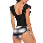 (Black Stripe XL)2 Piece Ruffle Swimsuit V Neck Suspender Top High Waist RMM
