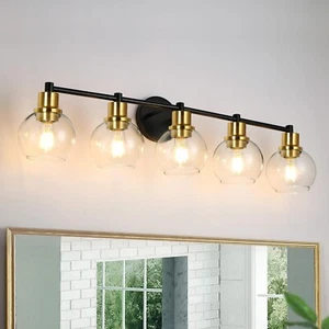 5 Light Bathroom Vanity Light Black and Gold Bathroom Light Fixtures with Cle... - Picture 1 of 8