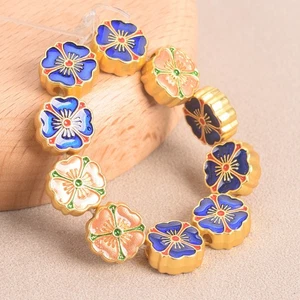 10pcs Two-sided Blue/Peach Color Enameled Flower Shape 10mm Copper Metal Beads - Picture 1 of 4