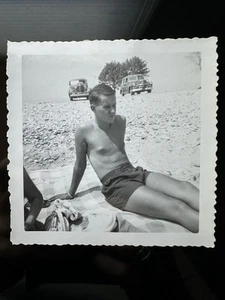 Shirtless Handsome young Man bulge beach Chest Deep Thought gay vtg photo 1952 - Picture 1 of 4
