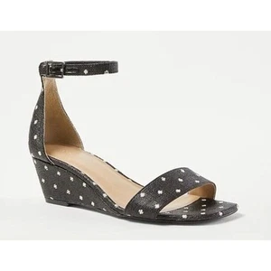 Sandales compensées basses femme neuves taille 5 Ann Taylor bleu marine paille à pois imprimé bout ouvert - Photo 1 sur 5
