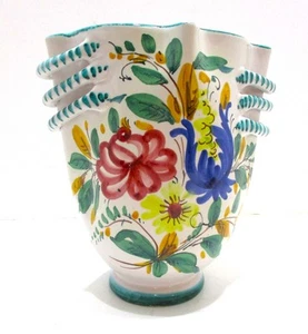 Vintage Colorful Italian Pottery Vase 3 Striped Handles Each Side Signed - Picture 1 of 6