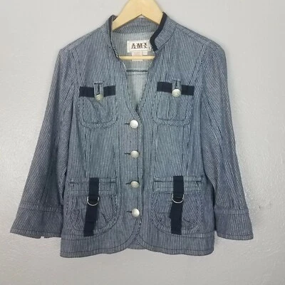 Chaqueta vaquera a rayas azul blanca AMI para mujer 4 correas bolsillo talla pequeña usada en excelente estado Foto 1 de 4