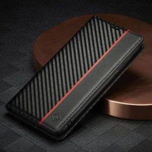 For iPhone 16e/15/14/13/12/11 SE 8 Carbon Fibre Wallet Case Magnetic Flip Cover - Picture 1 of 14