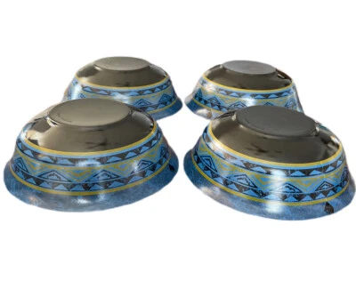 Arcoroc Black Glass Bowls Set Of 4 Made In France Blue Geometric Design Yucatan - Image 1 of 4