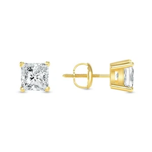 2.25 Ct Princess Created Diamond Earrings Stud Real 14K Yellow Gold Basket Screw - Picture 1 of 3