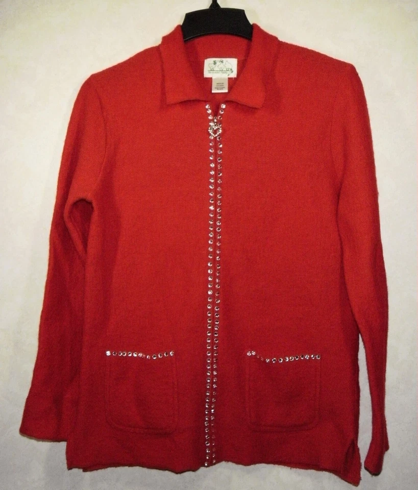 Quacker Factory Cardigan Sweater Women M Red Wool Full Zip Collared Embellished - Image 1 of 4