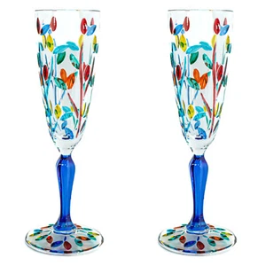 Pair of Murano Glasses Champagne Multi Wine Blue Stem Flower Venice - Picture 1 of 5