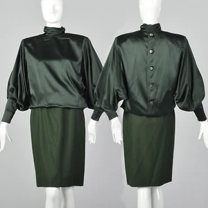 Camicetta verde piccola Galanos anni 80 gonna pipistrello blusa collo alto vintage seta anni 80 - Foto 1 di 10