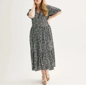 Sonoma Womens PXXL Black White Floral Button Front Linen Blend Midi Dress Modest - Picture 1 of 11