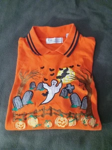 Halloween Vintage Karen Scott Camicia Ricamata Manica Lunga Polo Spettrale Donna Piccola - Foto 1 di 5