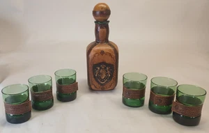 Vintage Leather Wrapped Liquor Decanter Bottle & 6 Emerald Glass Glasses - Picture 1 of 21