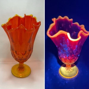 Vintage Fenton Glass Thumbprint Amberina Handkerchief Swung Pedestal Vase 8.75" - Picture 1 of 8