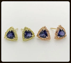 Boho Yellow & Rose Gold RAW Iolite Gemstone Studs Earrings - Picture 1 of 12