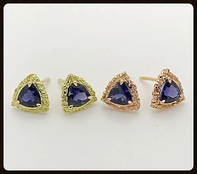 Aretes boho de piedras preciosas de iolita cruda de oro amarillo y rosa Foto 1 de 4