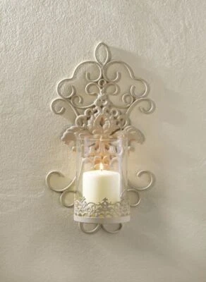 ANTIQUED WHITE IVORY SHABBY DISTRESSED IRON HURRICANE WALL SCONCE CANDLE HOLDERS - Image 1 of 3