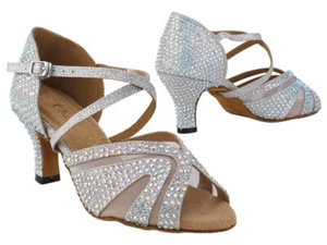 Women's Salsa Dance Shoes Latin Mambo Ballroom Silver Glitter Satin Very fine - Picture 1 of 24
