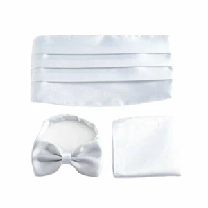 Men Satin Solid Color Bow Tie Cummerbund Handkerchief Wedding Party Prom Set - Picture 1 of 13