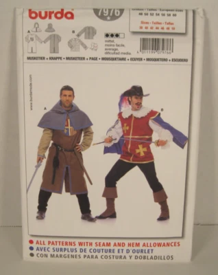 Burda 7976 Musketeer, Page or Knight Costume Pattern Men's 38-50 Uncut - Image 1 of 2