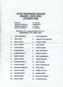Saddlers : Walsall RESERVES v Stoke City 2001 2000/01 Pontins League - Picture 1 of 1