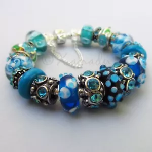 Authentic Pandora Bracelet With European Style Turquoise Teal Murano Glass Beads - Picture 1 of 7