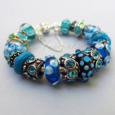 Authentic Pandora Bracelet With European Style Turquoise Teal Murano Glass Beads - Image 1 of 4