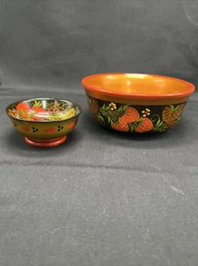 Russian Folk Art Khokhloma Lacquered Wooden Bowl Set Of 2 - Picture 1 of 10