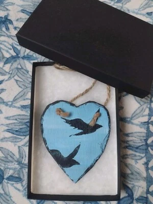 OOK Linocut Print Blue Sky Crows Slate heart Hanging Valentine Gift With Box  - Image 1 of 4