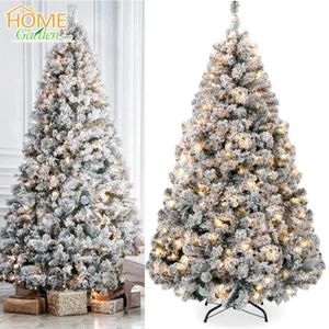 7.5ft Artificial Pre-lit Christmas Tree Snow White Flocked Hinged Bushy Xmas - Picture 1 of 12