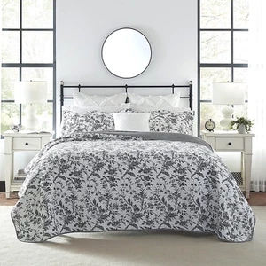 LAURA ASHLEY Amberley Toile KING QUILT SET Floral Reversible Cotton White Black - Picture 1 of 11