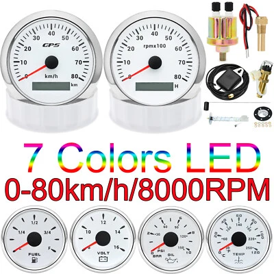 6 Gauge Set 85mm Boat GPS Speedometer 80KM/H Tacho&52mm Fuel Oil Press Temp Volt - Image 1 of 4