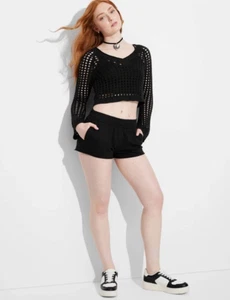 Damen Shorts hoher Bund elastische Taille verkürzte Beine schwarz Größe Medium mit Taschen - Bild 1 von 5