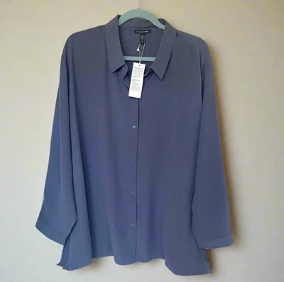 Eileen Fisher 真丝 Georgette 衬衫女式蓝色长袖宽松版型 Lightweig — 第 1/4 张图片