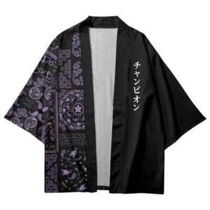 Camicia Viola Stampa Paisley Patchwork Tradizionale Haori Cosplay Kimono Donna Uomo - Foto 1 di 8