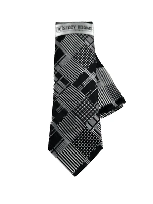 Stacy Adams Men's Tie Hanky Set Black Silver Plaids Checks Hand Made 3.25" Wide - Image 1 of 4