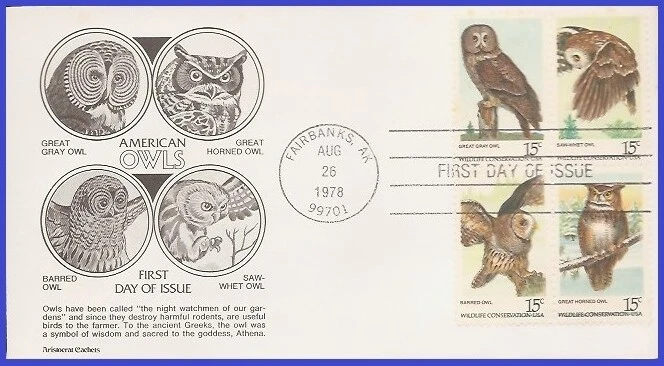 USA5 #1760-63 U/A ARISTOCRAT FDC BL4  American Owls - Image 1 of 1