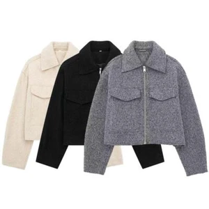 Damen Cropped Jacke mit Reißverschluss vorne & Taschen | Freizeit Umlegekragen - Bild 1 von 17
