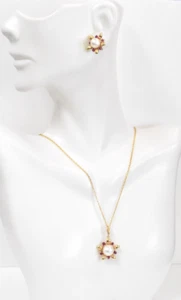 14K Yellow Gold Ruby Pearl Earring & Necklace Set - Picture 1 of 7