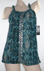 Sheer Blue T-Shirt Tribal Modern Snake Animal Print, Shiny Beads Front INC - Picture 1 of 6