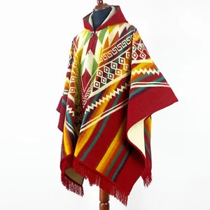 Alpaca wool Hooded Poncho Unisex Aztec pattern all seasons boho hippie XXL RED - Picture 1 of 9