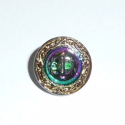 Czech Glass Shield Style Shank Button 14mm Vitral Green Purple w/Gold Clr Finish - Image 1 of 4