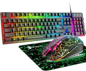 RGB Rainbow LED Backlight Gamer Keyboard Mouse Set Wired For PC Gamers PS4 Xbox - Picture 1 of 14