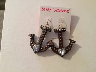 Pendientes colgantes Betsey Johnson dorado ANCHORS AWAY madera marrón ancla $45 BL 44 Foto 1 de 4