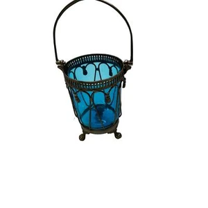 Vintage Midcentury Antique Metal Votive Candle Holder Blue Glass Insert w/Handle - Picture 1 of 5
